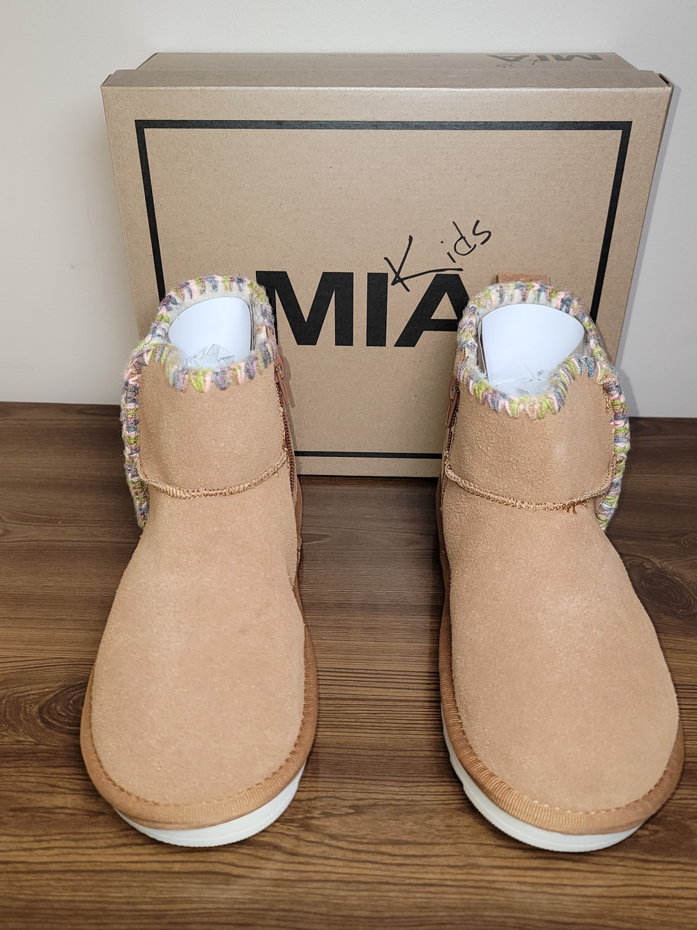 MIA Kids Tan Suede Cozy Ankle Boots - Size 5 Big Kid